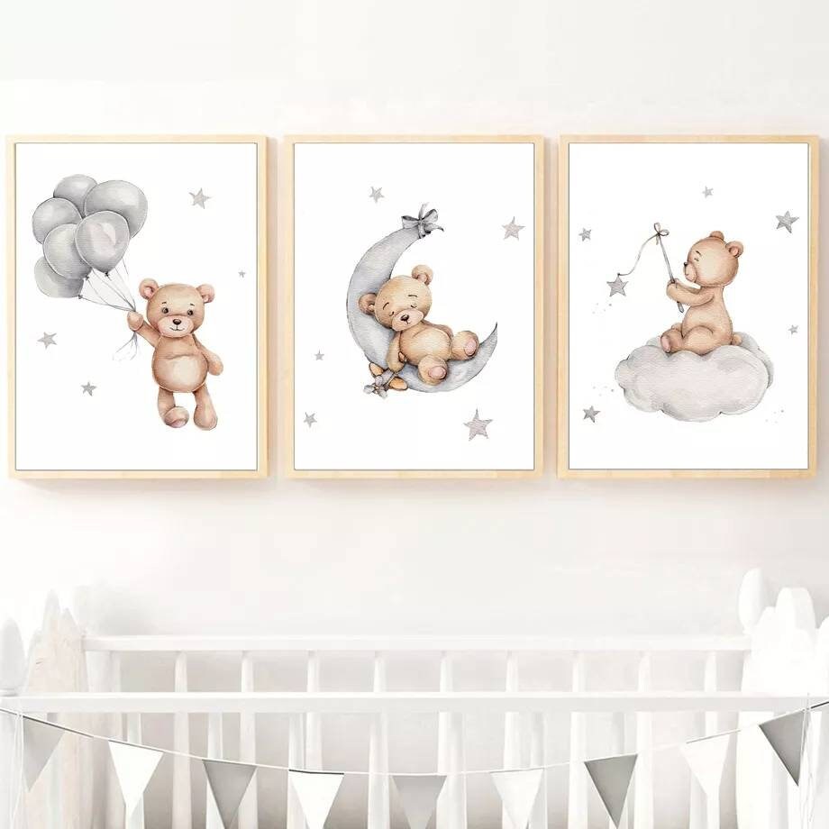 3 Affiches 100% Coton Décoration Murale Chambre Lettre Animaux Oursons Étoiles Ljne Nuages Naissance