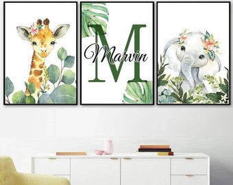 3 poster 100% cotone decorazione murale personalizzata stanza del ragazzo nome animali giraffa tigre zebra 21 animali nascita neonato