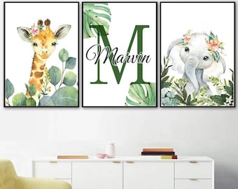 3 poster 100% cotone decorazione murale personalizzata stanza del ragazzo nome animali giraffa tigre zebra 21 animali nascita neonato