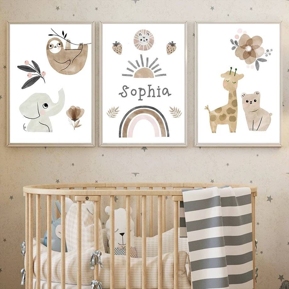 3 Affiches 100% Coton Décoration Murale Personnalisée Chambre Garçon Fille Lettre Prénom Animaux Sav