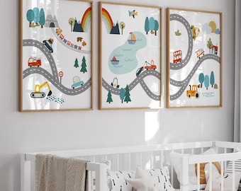 3 affiches 100% coton décoration murale personnalisée chambre garçon fille prénom engin véhicules route naissance nouveau-né bébé