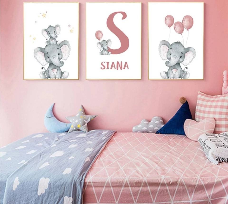 3 Affiches 100% Coton Décoration Murale Personnalisée Chambre Enfant Lettre Prénom Animaux Éléphants