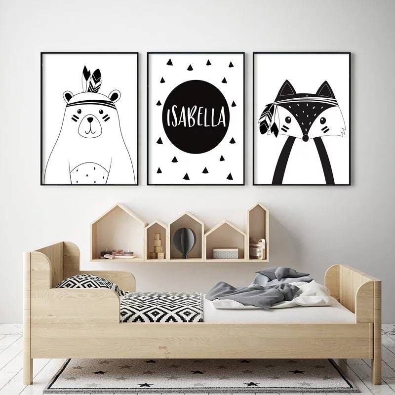3 Affiches 100% Coton Décoration Murale Personnalisée Chambre Garçon Fille Prénom Indien Chouette Ou