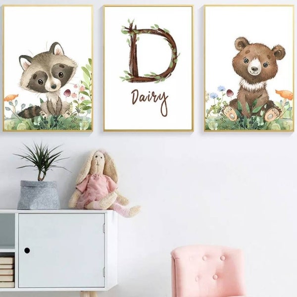 3 affiches 100% coton décoration murale personnalisée chambre enfant lettre prénom animaux forêt marmotte renard naissance nouveau-né bébé