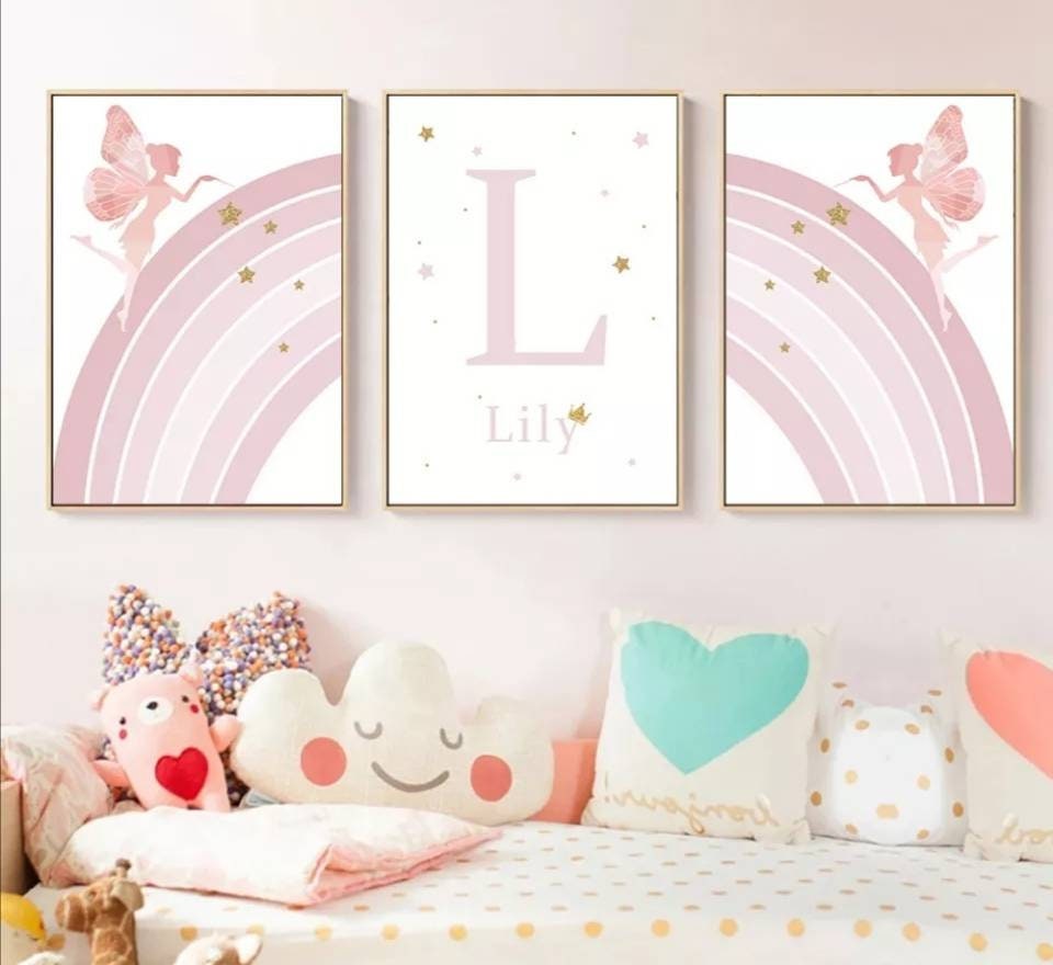3 Affiches 100% Coton Décoration Murale Personnalisée Chambre Lettre Prénom Fée Arc en Ciel Rose Nai