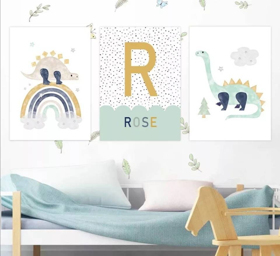 3 Affiches 100% Coton Décoration Murale Personnalisée Chambre Garçon Fille Prénom Arc en Ciel Dinosa