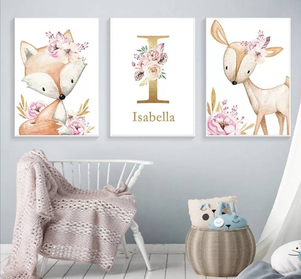 3 Affiches 100% Coton Décoration Murale Personnalisée Chambre Lettre Prénom Biche Renard Fleurs Nais