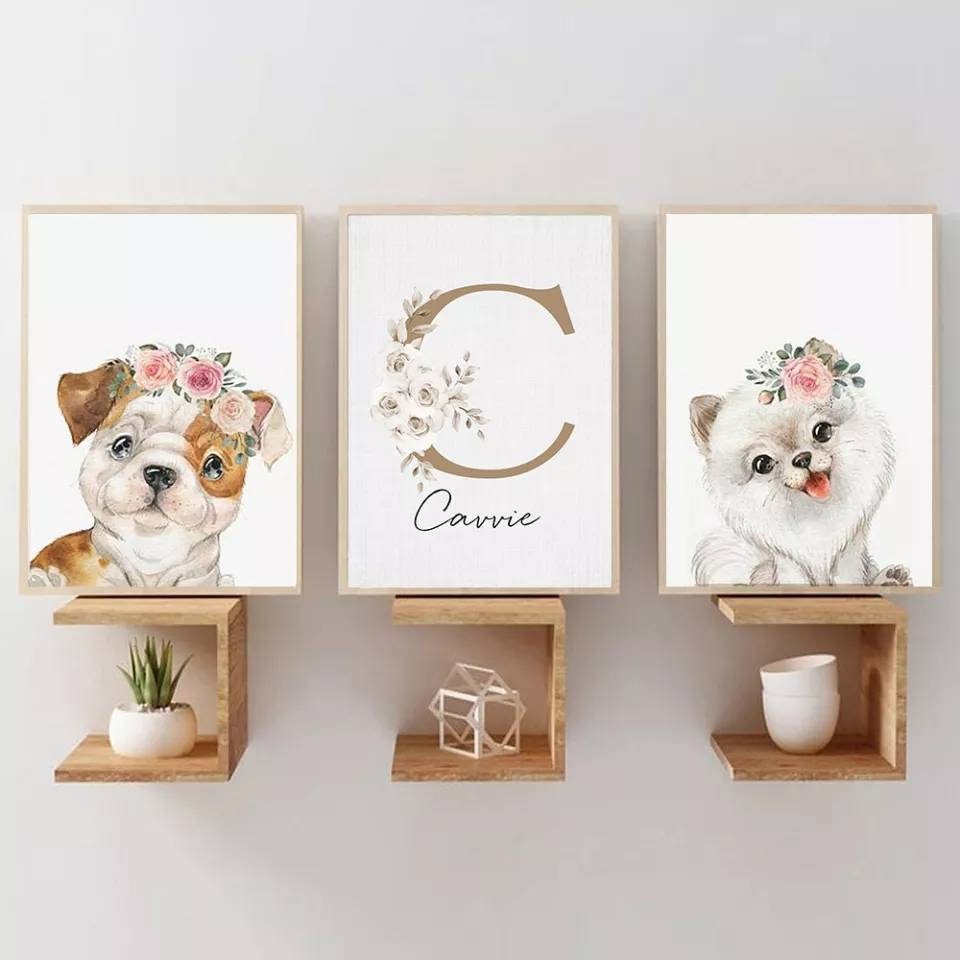 3 Affiches 100% Coton Décoration Murale Personnalisée Chambre Enfant Lettre Prénom Animaux Chiens Na