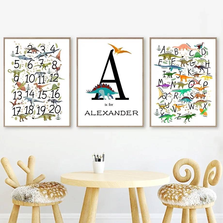 3 Affiches 100% Coton Décoration Murale Personnalisée Chambre Garçon Fille Prénom Dinosaures Diplodo