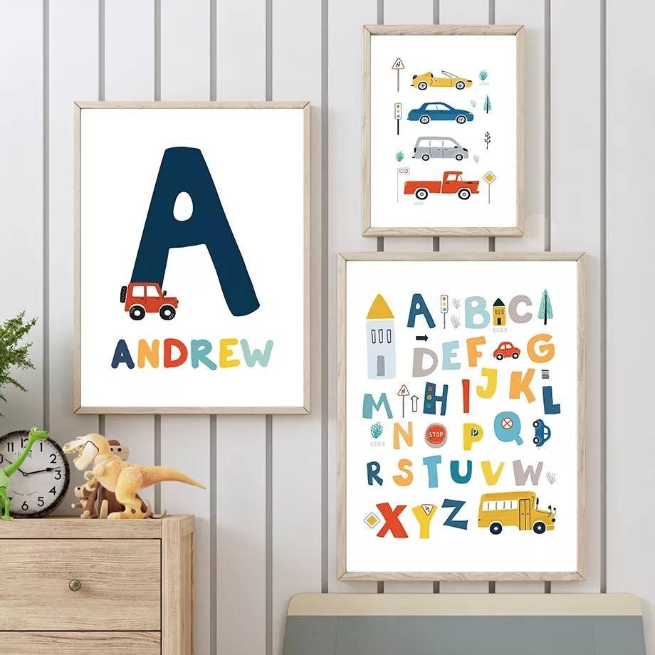 3 Affiches 100% Coton Décoration Murale Personnalisée Chambre Garçon Lettre Prénom Travaux Voiture M