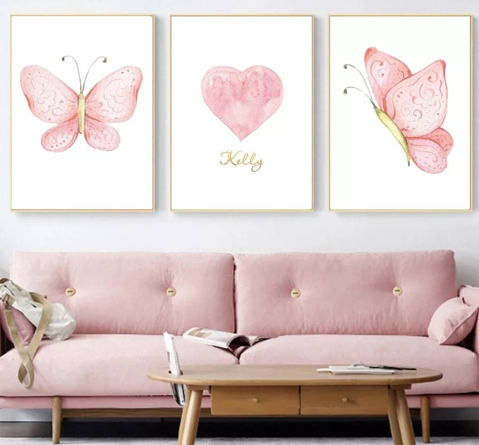 3 Affiches Décoration Murale Personnalisée Chambre Fille Lettre Prénom Papillons Rose Fleurs Naissan