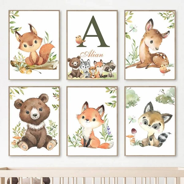 3 affiches 100% coton décoration murale personnalisée chambre garçon prénom animaux forêt 5 animaux naissance nouveau-né bébé