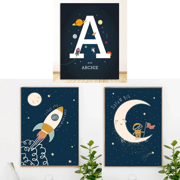 3 affiches 100% coton décoration murale personnalisée chambre garçon fille prénom espace lune fusée naissance nouveau-né bébé