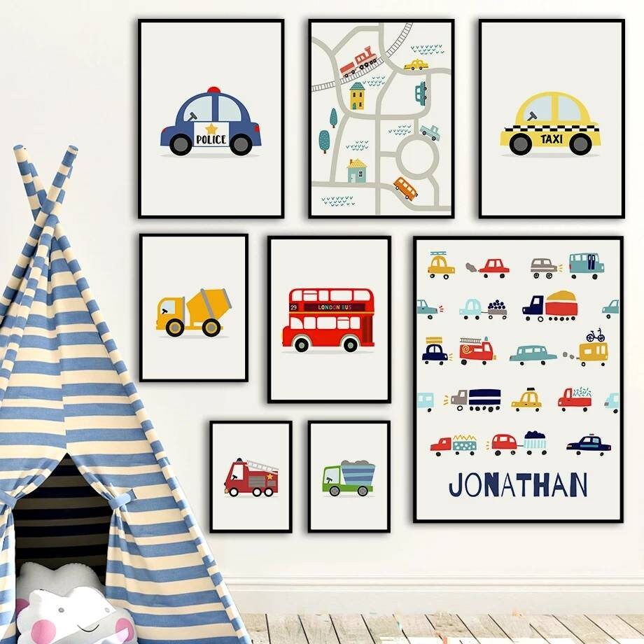 3 Affiches 100% Coton Décoration Murale Personnalisée Chambre Garçon Lettre Prénom Travaux Pompier P