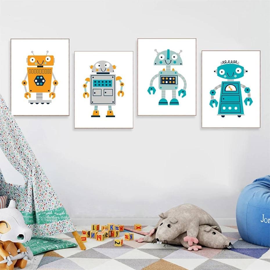 3 Affiches 100% Coton Décoration Murale Chambre Robots Rigolos Naissance Nouveau-Né Bébé