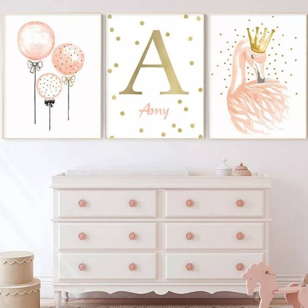 3 affiches 100% coton décoration murale personnalisée chambre lettre prénom princesse flamant rose ballons naissance nouveau-né bébé