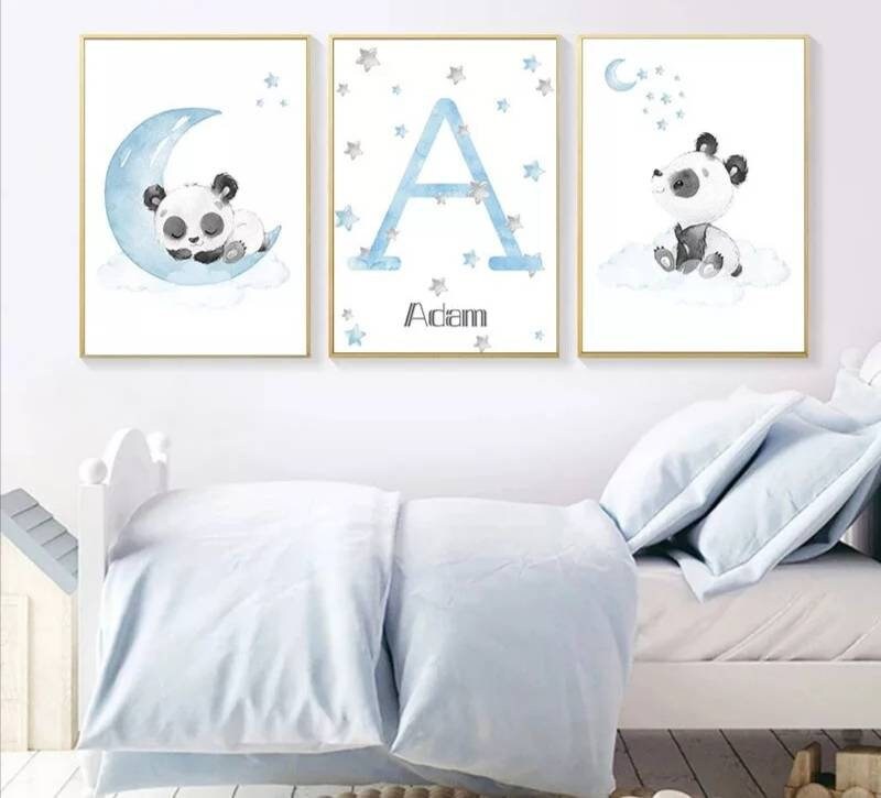 3 Affiches Décoration Murale Personnalisée Chambre Lettre Prénom Lune Nuage Panda Coeurs Naissance N