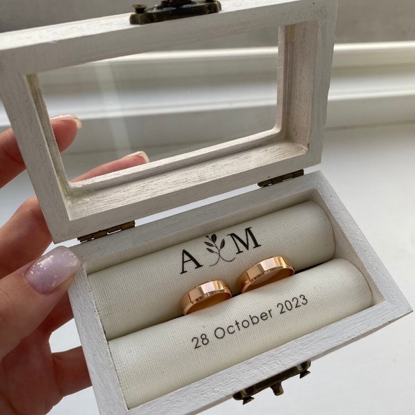 Personalized wedding ring holder, first names of the bride and groom and wedding date, personalized wooden ring holders