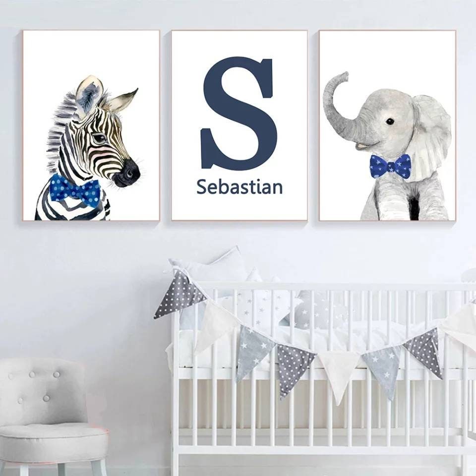 3 Affiches 100% Coton Décoration Murale Personnalisée Chambre Garçon Lettre Prénom Animaux Savane Gi