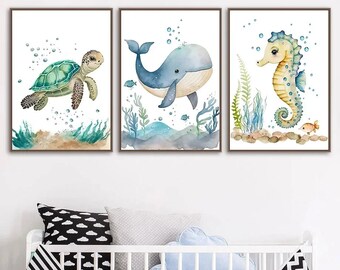 3 Affiches Murales Enfants Thème Marin – 30x40 Cm Chacune, Motifs Lune, Soleil, Baleine, Couleur Bleu, Pour Chambre Bébé Garçon, Sans Cadre