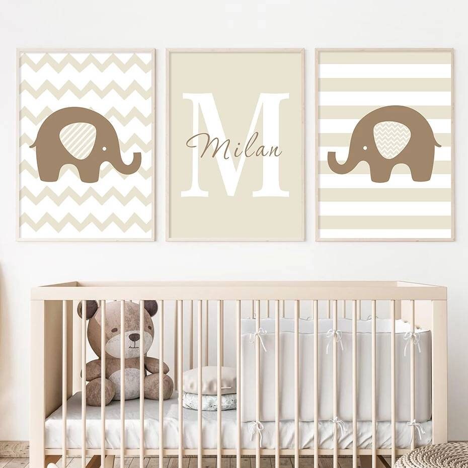3 Affiches 100% Coton Décoration Murale Personnalisée Chambre Lettre Prénom Éléphant Naissance Nouve