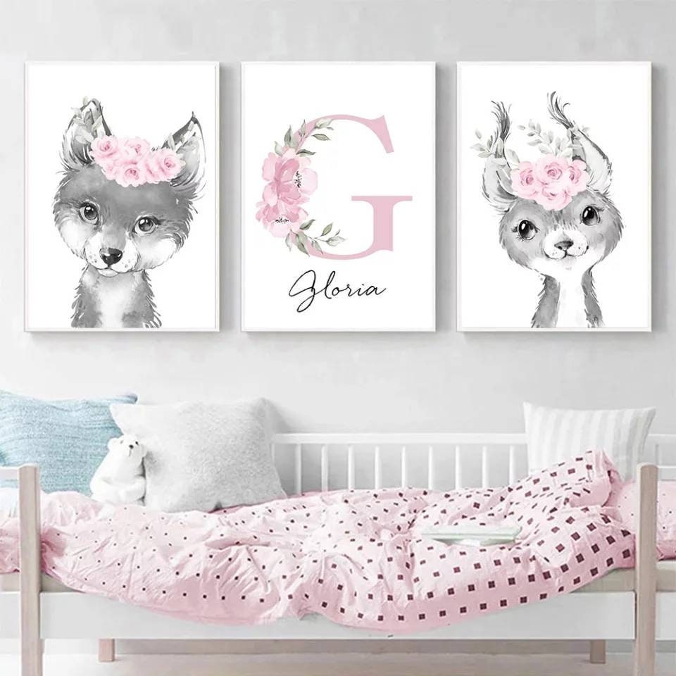 3 Affiches 100% Coton Décoration Murale Personnalisée Chambre Enfant Lettre Prénom Animaux Loup Ours