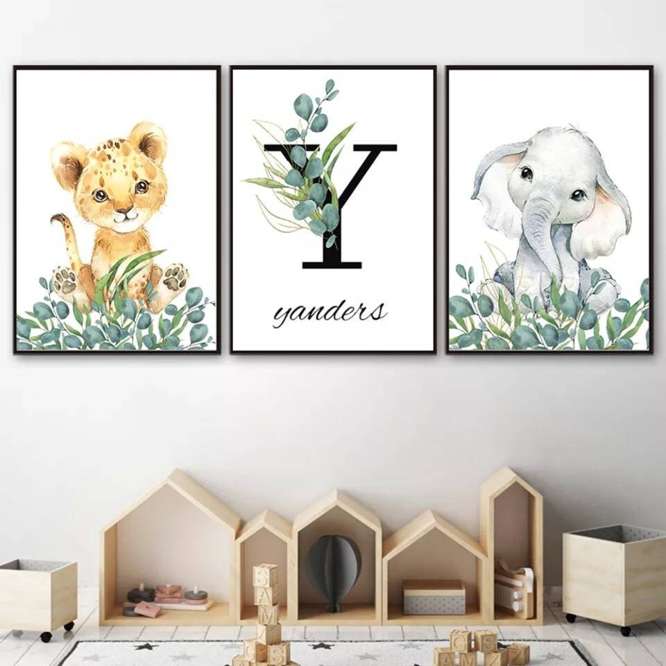 3 Affiches 100% Coton Décoration Murale Personnalisée Chambre Garçon Lettre Prénom Animaux Savane Gi