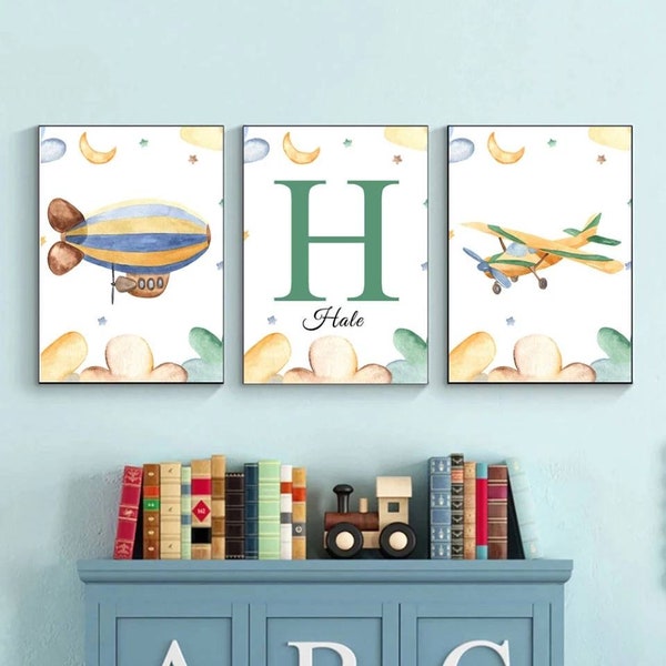 3 posters 100% cotton personalized wall decoration boy girl room first name plane hot air balloon Jules Verne birth newborn baby