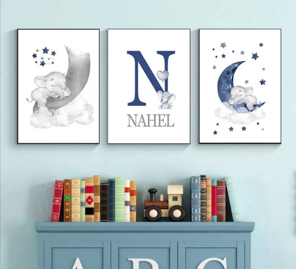 3 Affiches Décoration Murale Personnalisée Chambre Lettre Prénom Lune Nuage Étoiles Éléphants Coeurs