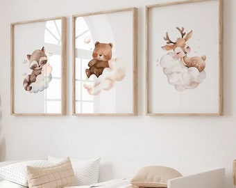 3 100% cotton posters for boy's room wall decoration with names of animals: forest, fox, bear, deer, rabbit, owl, raccoon, birth, newborn, baby