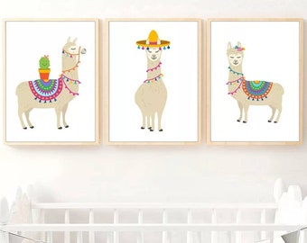 3 affiches 100% coton lama alpaga rigolo décoration murale  originale chambre enfant naissance nouveau-né bébé 3 modèles de poster