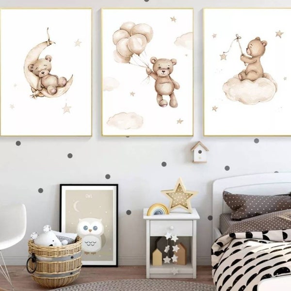 3 affiches 100% coton décoration murale chambre lettre animaux oursons étoiles lune nuages naissance nouveau-né bébé