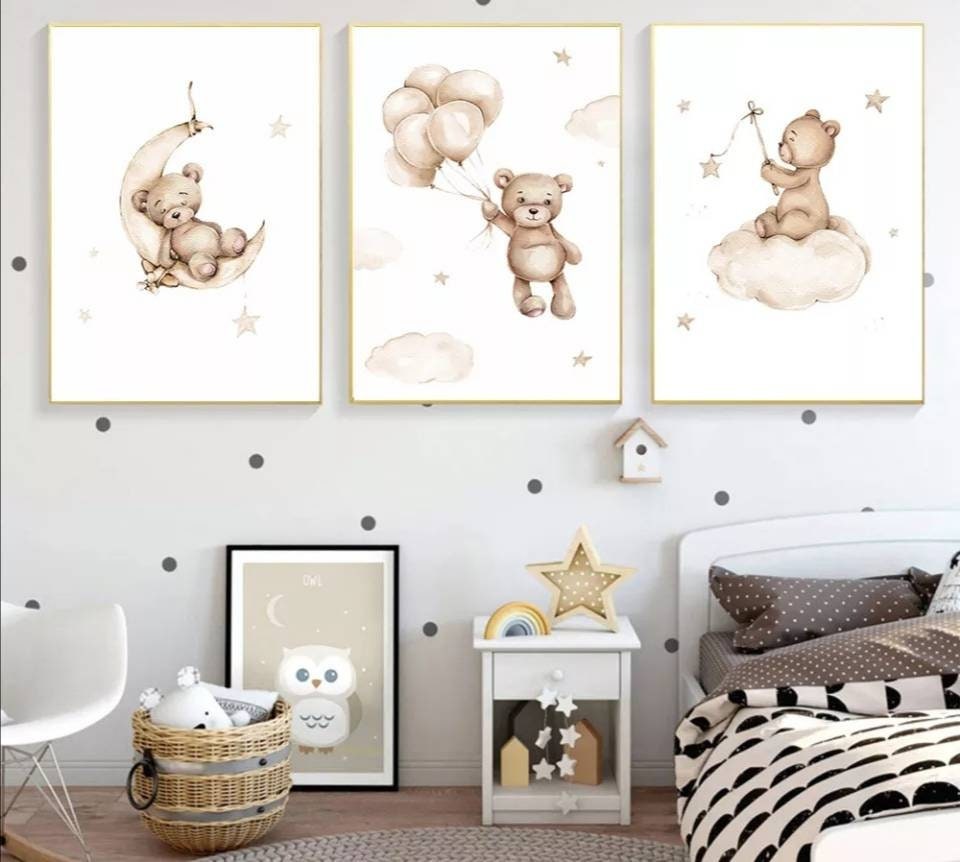 3 Affiches 100% Coton Décoration Murale Chambre Lettre Animaux Oursons Étoiles Ljne Nuages Naissance