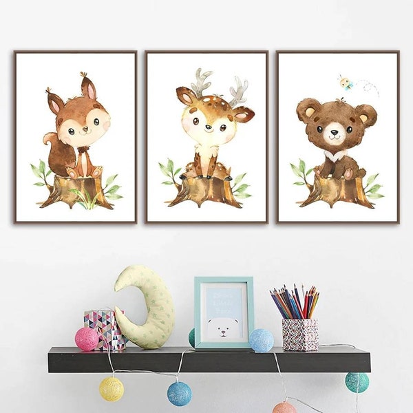 3 affiches au choix parmi 8 animaux 100% coton décoration murale chambre animaux rigolos forêt savane naissance nouveau-né bébé