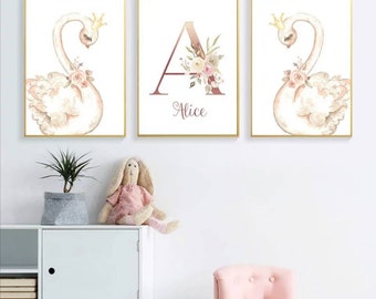 3 affiches 100% coton décoration murale personnalisée chambre lettre prénom cygne princesse naissance nouveau-né bébé