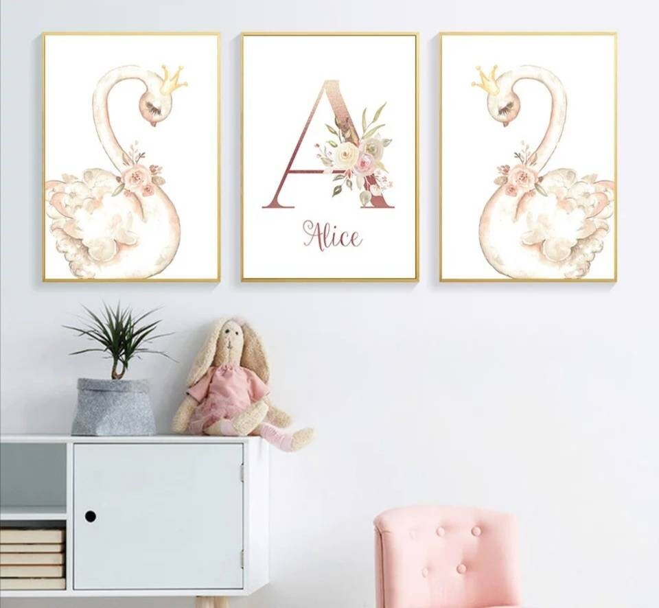 3 Affiches 100% Coton Décoration Murale Personnalisée Chambre Lettre Prénom Cygne Princesse Naissanc