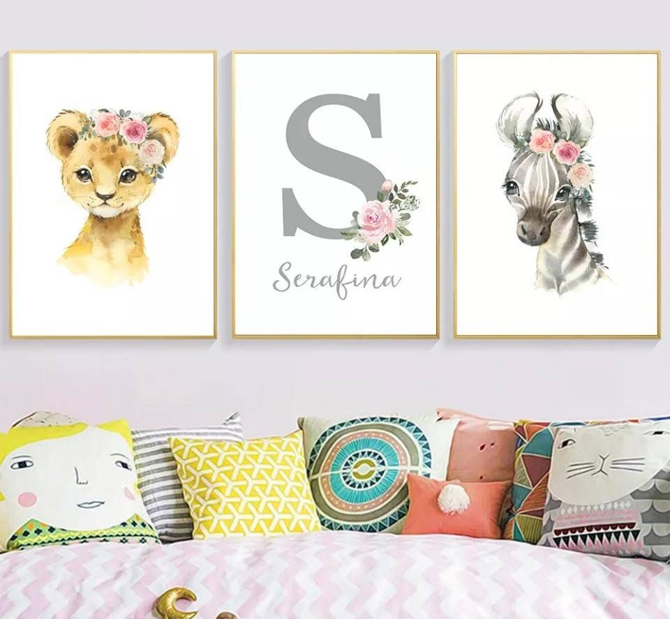 3 Affiches 100% Coton Décoration Murale Personnalisée Chambre Garçon Prénom Animaux Savane Lion Zèbr
