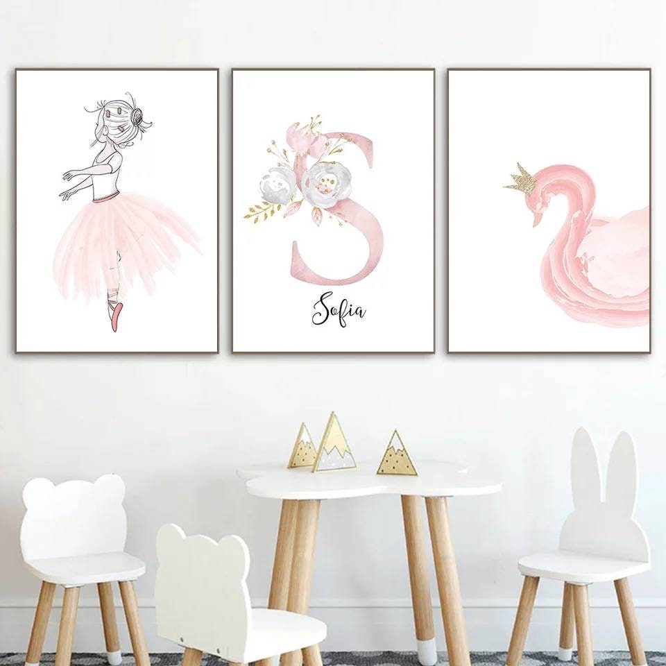 3 Affiches Décoration Murale Personnalisée Chambre Fille Lettre Prénom Danseuse Flamand Rose Flaming