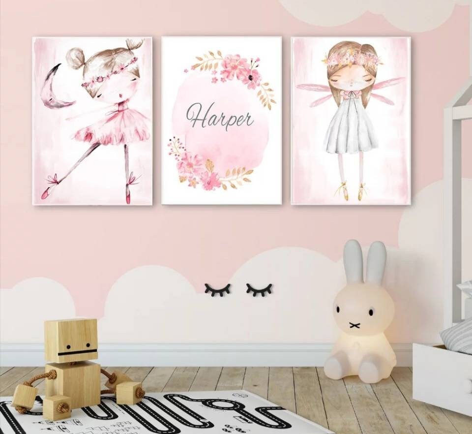 3 Affiches Décoration Murale Personnalisée Chambre Fille Lettre Prénom Danseuse Fée Fleurs Naissance
