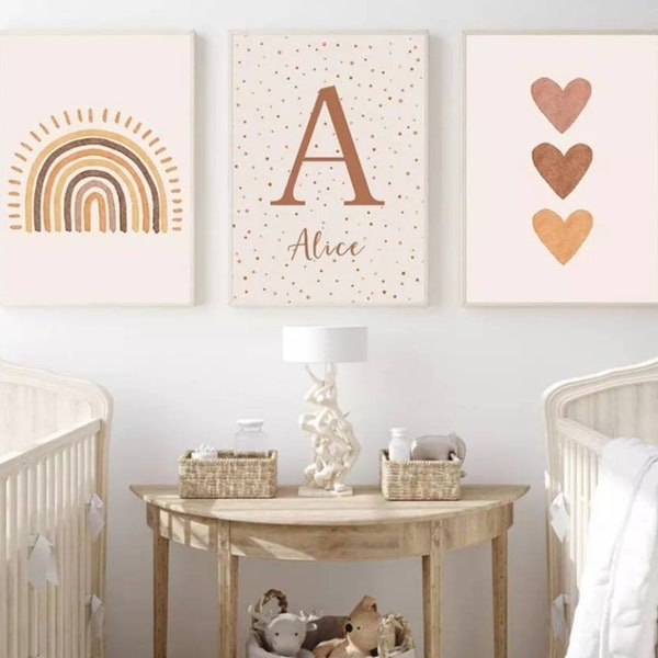 3 affiches 100% coton décoration murale personnalisée chambre garçon fille prénom coeur arc-en-ciel naissance nouveau-né bébé