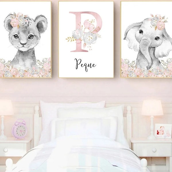 3 affiches 100% coton décoration murale personnalisée chambre enfant lettre prénom animaux savane girafe tigre naissance nouveau-né bébé