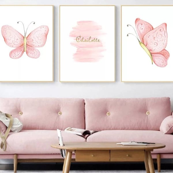 3 affiches décoration murale personnalisée chambre fille lettre prénom papillons rose fleurs naissance nouveau-né bébé