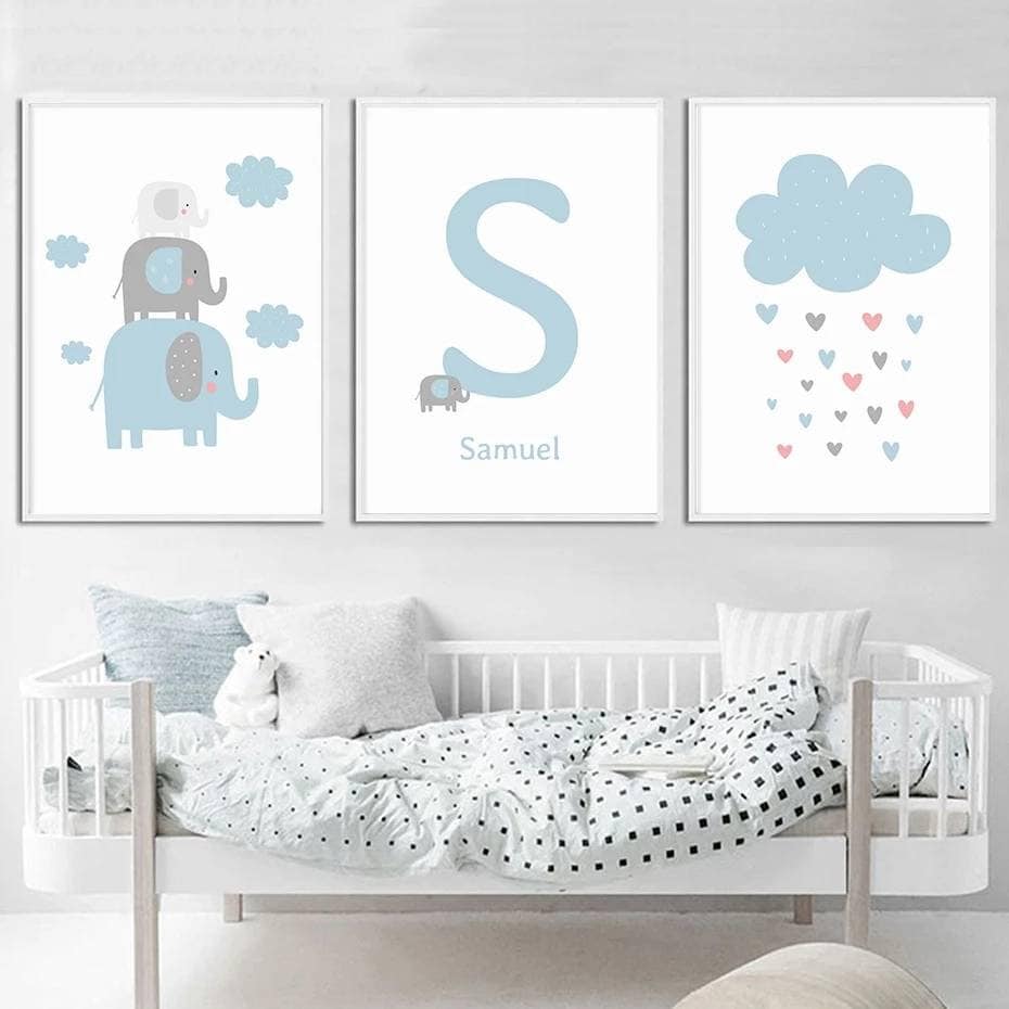 3 Affiches Décoration Murale Personnalisée Chambre Fille Lettre Prénom Éléphant Nuage Coeurs Naissan