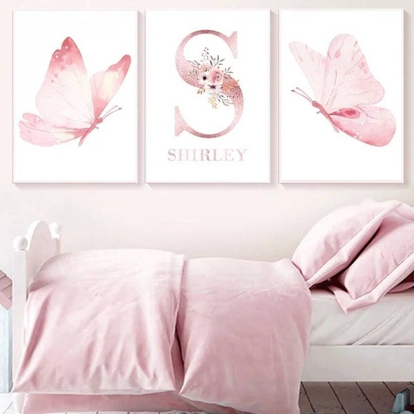 3 affiches 100% coton décoration murale personnalisée chambre garçon fille prénom papillons amour rose naissance nouveau-né bébé