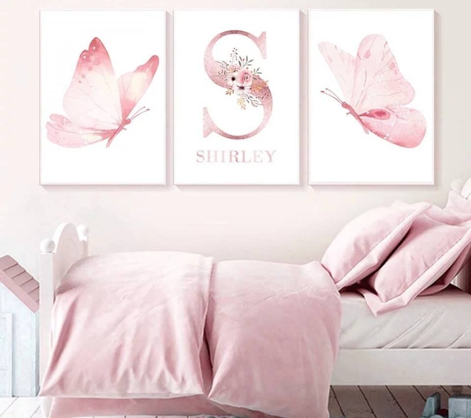 3 Affiches 100% Coton Décoration Murale Personnalisée Chambre Garçon Fille Prénom Papillons Amour Ro
