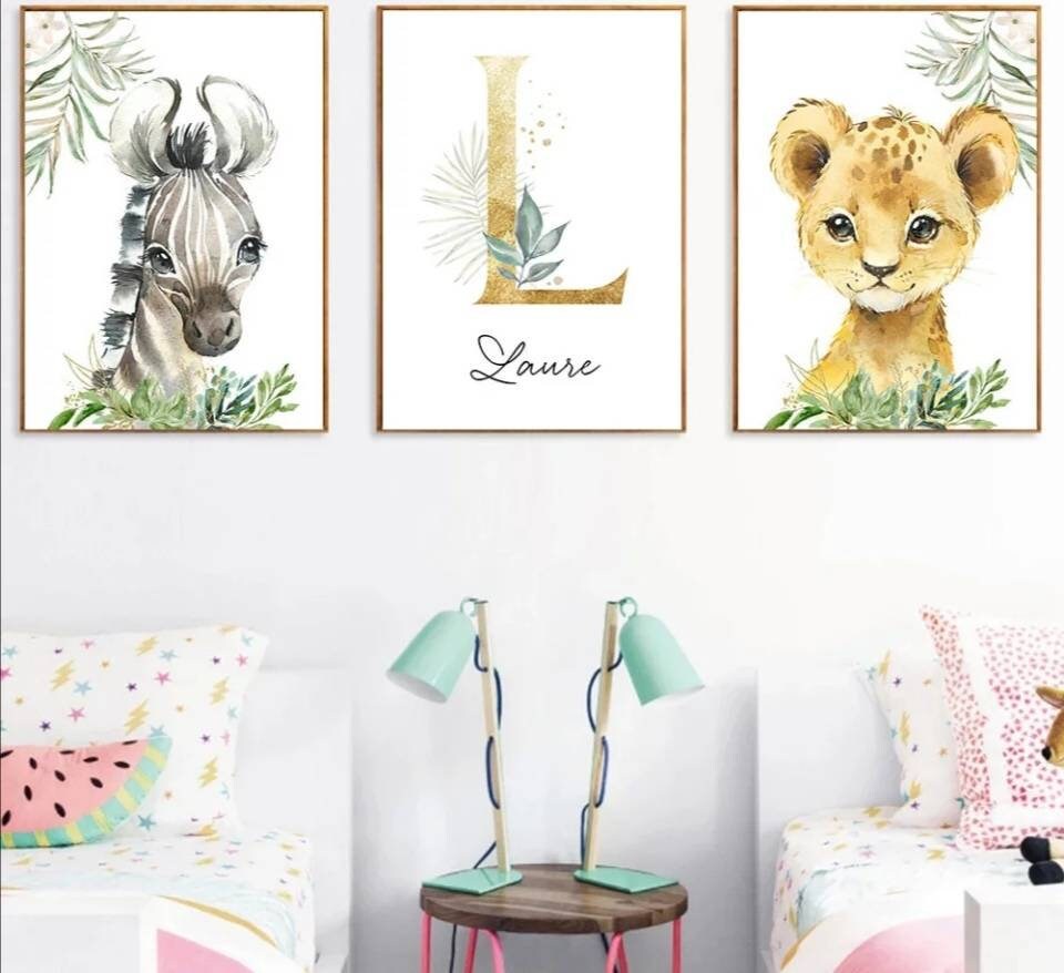 3 Affiches 100% Coton Décoration Murale Personnalisée Chambre Garçon Lettre Prénom Animaux Savane Li