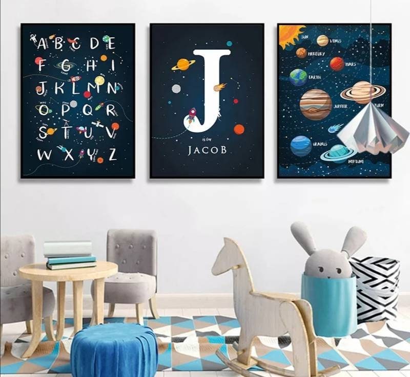 3 Affiches 100% Coton Décoration Murale Personnalisée Chambre Lettre Prénom Espace Planète Mars Nais