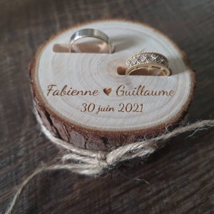 Wedding ring holder personalized with the first names of the bride and groom and date of the wedding, personalized wooden ring holder