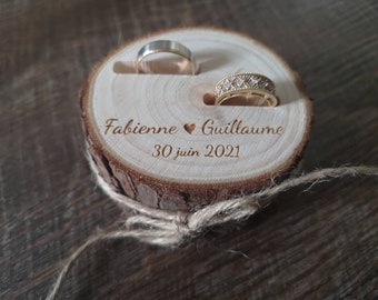 Wedding ring holder personalized with the first names of the bride and groom and date of the wedding, personalized wooden ring holder