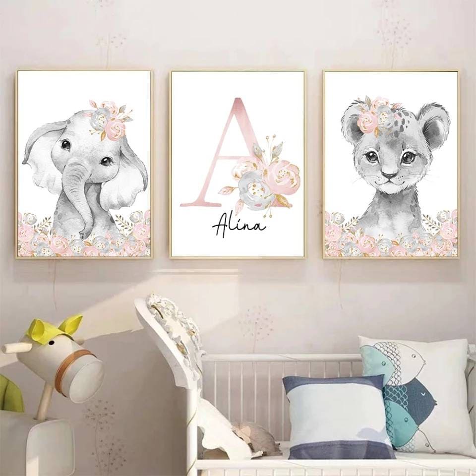 3 Affiches 100% Coton Décoration Murale Personnalisée Chambre Enfant Lettre Prénom Animaux Savane Gi